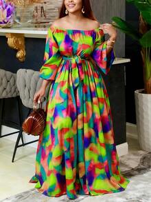 Women's Fashion Off Shoulder Cinched Waist Waist Random Print Dress, Elegant Commuter Dress - Mixed Colors - View 4