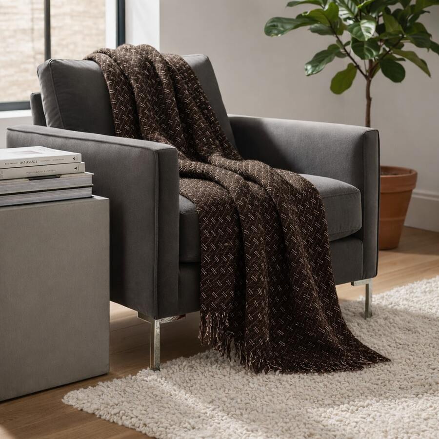 Luxurious Striped Sofa Throw 180x240 Handmade Decoration - 深棕色帶白色條紋 - 查看 1