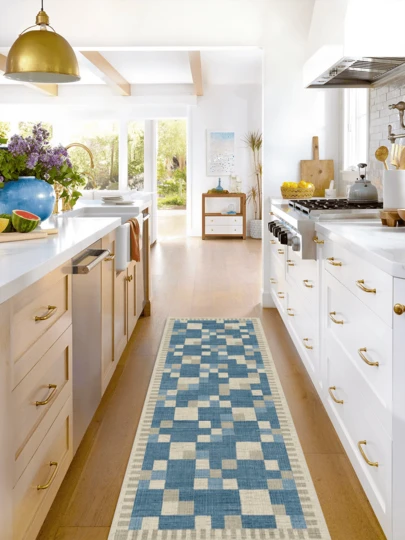 1 قطعة بساط طويل ذو نمط هندسي مربعات باللون الأزرق والأبيض، طراز شمالي حديث، مناسب للحمام والمطبخ والمدخل والممر والجانب السرير وغرفة المعيشة وغرفة النوم، ناعم وقابل للغسيل في جميع المواسم