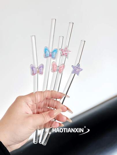 Cartoon Butterfly & Star Glass Straws, Transparent Smoothie, Bubble Tea, Juice, Milk, Cocktail Cold Drink Party Colorful Cute Butterfly & Star Bent Glass Straws, Reusable