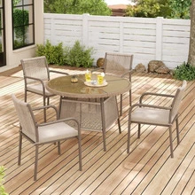 Modern Rattan Garden Furniture Set, Round Glass Table + 4 Armchairs, Iron Frame, Ideal For Patio / Balcony / Terrace - C - View 8