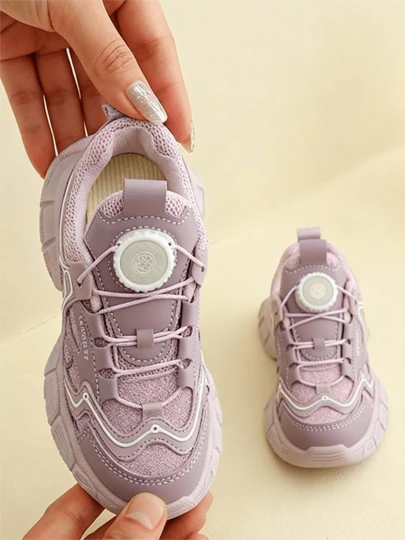 EUR 26-37 Sizes Toddler Kids Girls Chunky Sneakers With Rotating Buckle No-Tie Lacing System, Breathable Mesh & PU Leather Upper With Thick Cushioned Insole & Non-Slip Rubber Sole, Fashion Dad Shoes For School, Daily Play, Sports Activities & Weekend Outings