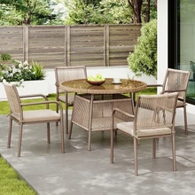 Modern Rattan Garden Furniture Set, Round Glass Table + 4 Armchairs, Iron Frame, Ideal For Patio / Balcony / Terrace - C - View 1
