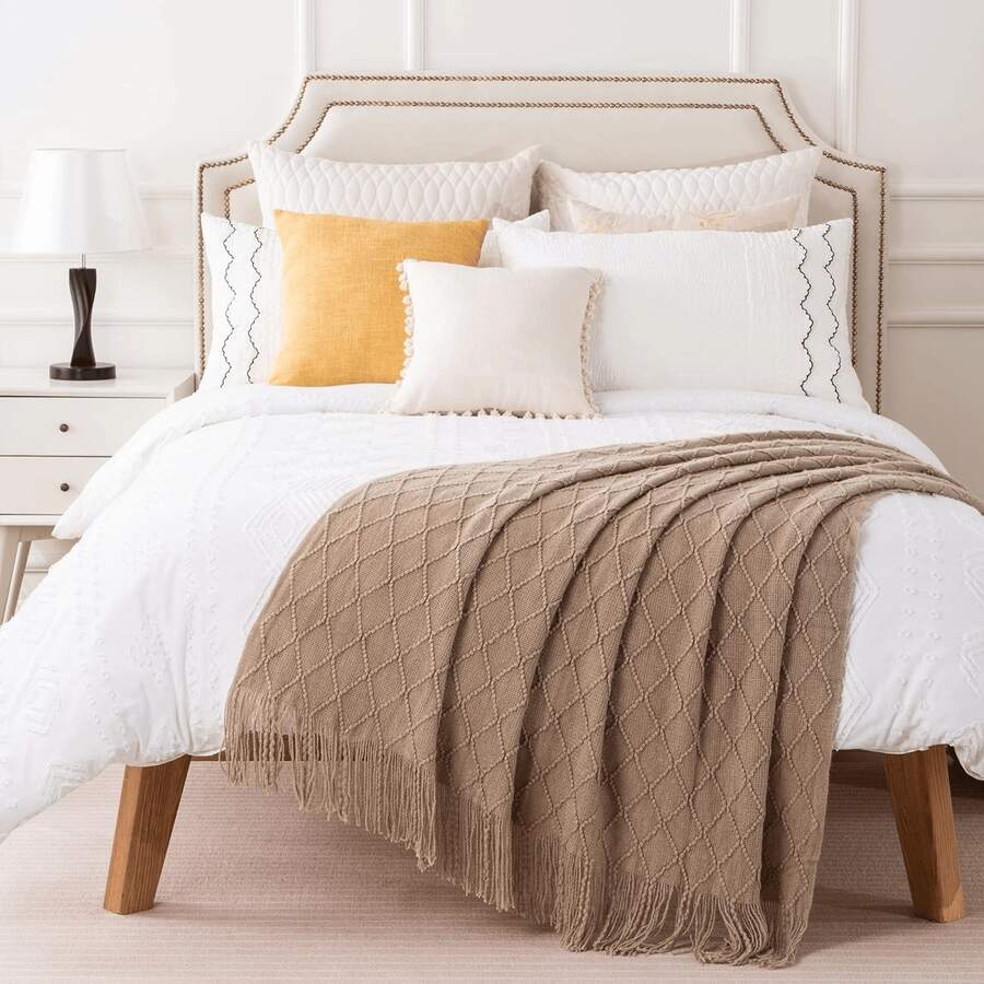 Selimut Lempar Warna Hijau Sage, Cocok untuk Sofa, Dekorasi Rumah Gaya Boho, Selimut Sofa Warna Biru Muda, Cocok untuk Sofa dan Ruang Tamu - Khaki - View 1