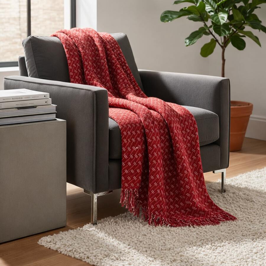 Luxurious Striped Sofa Throw 180x240 Handmade Decoration - Red With White Line - View 1