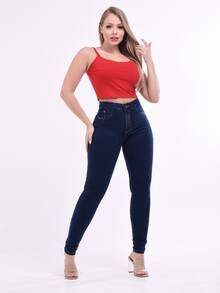 Women's Butt-Lifting Jeans With Lycra, High Waist, Skinny, No Pockets - 深色洗水 06 - 查看 4