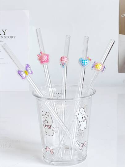 Cartoon Shaped Glass Straws, Transparent Smoothie, Bubble Tea, Juice, Milk, Cocktail, Cold Drink Party Colorful Cute Cartoon Heart, Butterfly, Candy, Star Bent Glass Straws, Reusable