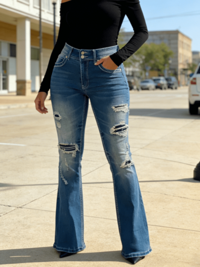 女士双扣破洞喇叭牛仔裤 - 弹力提臀微喇叭裤，复古水洗细节