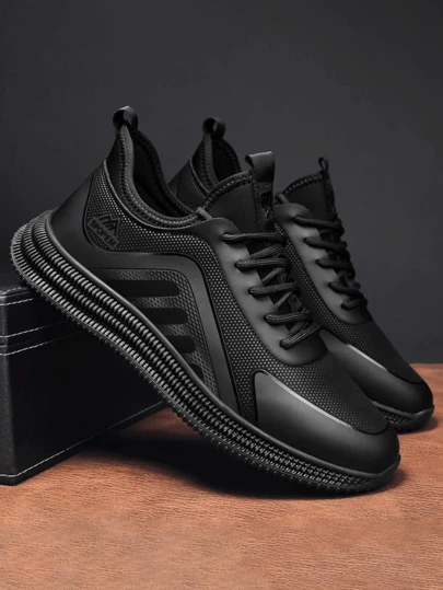 Zapatos Deportivos Impermeables Antideslizantes Para Hombre,Zapatos Negros Hombres Zapatos de atletismo transpirable con estampado de letra con cordón delantero deportivo exterior de tela, Ropa Informal De Otoño/invierno, Zapatos Para Correr, Negro, Cuatro Estaciones,otoño,para caminar y correr al aire libre,