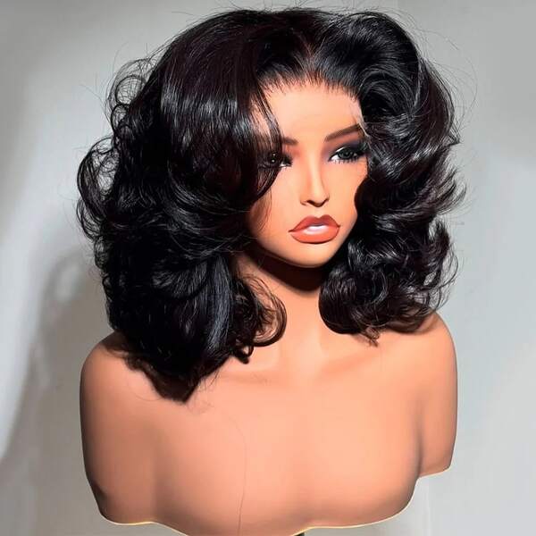 26英寸水波纹13x4/13x6高清蕾丝前额假发，4x4/5x5预剪无胶蕾丝闭合假发，女士佩戴方便，自然蓬松的黑色假发，180%密度，耐热纤维，合成纤维与人发混纺，水波纹纹理，预剪无胶蕾丝，5x5尺寸可选。