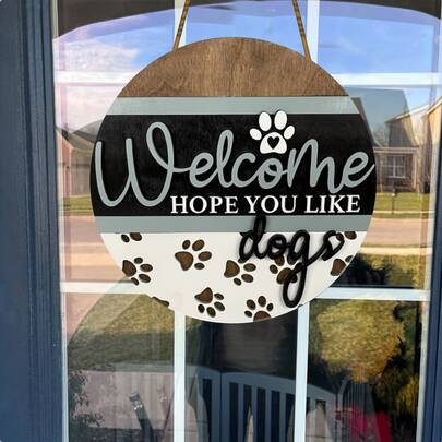 Welcome Hope You Like Dogs Wood Sign, Dog Footprints Door Sign, Cute Wooden Hanging Sign Decor For Living Room Farmhouse Front Door Entryway