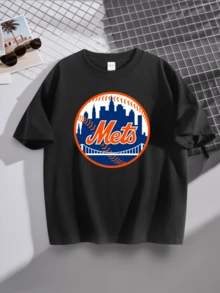 Men's Baseball Logo T-Shirt Comfortable Casual Summer Wear - New York Mets City Skyline Design With Bridge And Team Name Print - Perfect For Sports Fans Game Day Outings And Everyday Streetwear Style - 黑色 - 查看 1