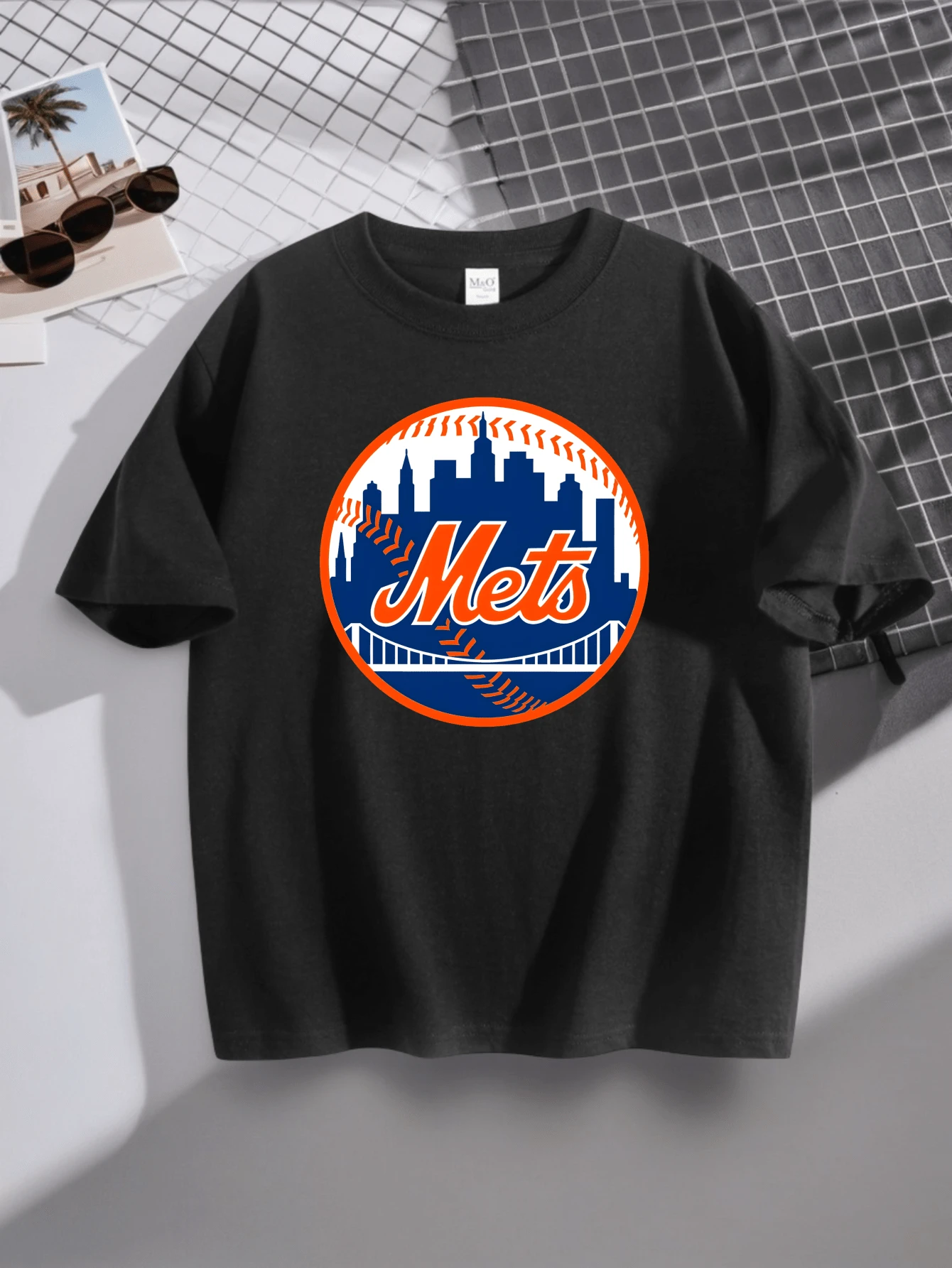Men's Baseball Logo T-Shirt Comfortable Casual Summer Wear - New York Mets City Skyline Design With Bridge And Team Name Print - Perfect For Sports Fans Game Day Outings And Everyday Streetwear Style - 黑色 - 查看 1