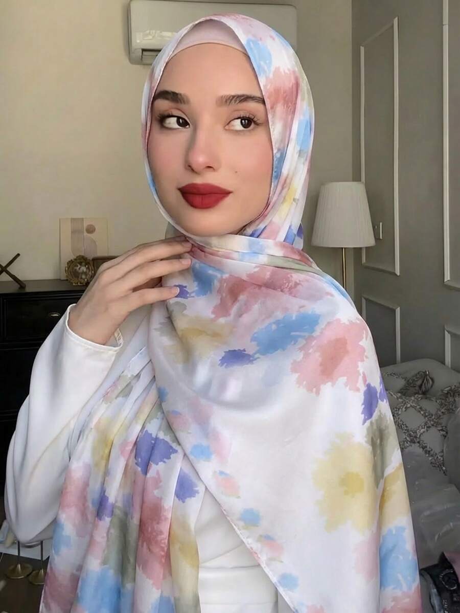 1条女士时尚扎染印花围巾，优雅休闲穆斯林头巾，轻盈透气，四季皆宜，节日礼物 - 彩色 - 查看 1