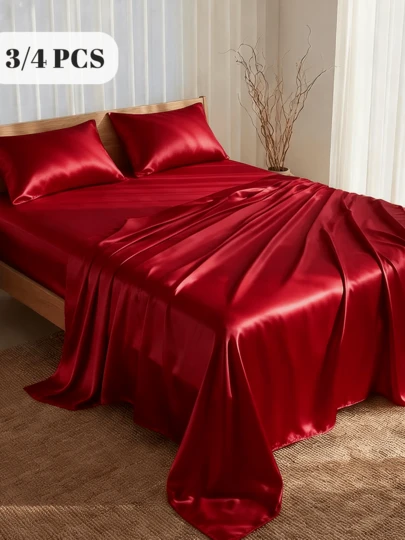 3/4pcs Satin Fitted Sheet Set, Bedding Set, Bed Sheets, Solid Color Bed Sheet Set, Red/Burgundy Bedding Set, Mattress Cover Set, Skin-Friendly Bed Cover Set,  Soft And Comfortable Bedding, 1pc Flat Sheet, 1pc Fitted Sheet With 1/2pcs Pillowcase, Deep Pocket, For Single/Twin/Full/Queen/King Bed Sizes, Luxury Bedding, Machine Washable, Cool Touch For Sleeping, Perfect Valentine's Day Gift, Valentine's Day, Valentine's Gift