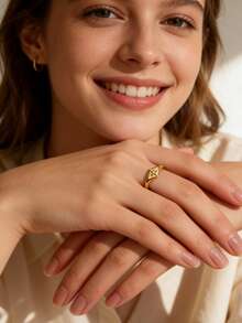 Charm-In Minimalist Star Embossed Gold-Plated Thin Hoop Ring, Stackable Cross Jewelry, Valentine's Day Gift For Girlfriend - Gold - View 2