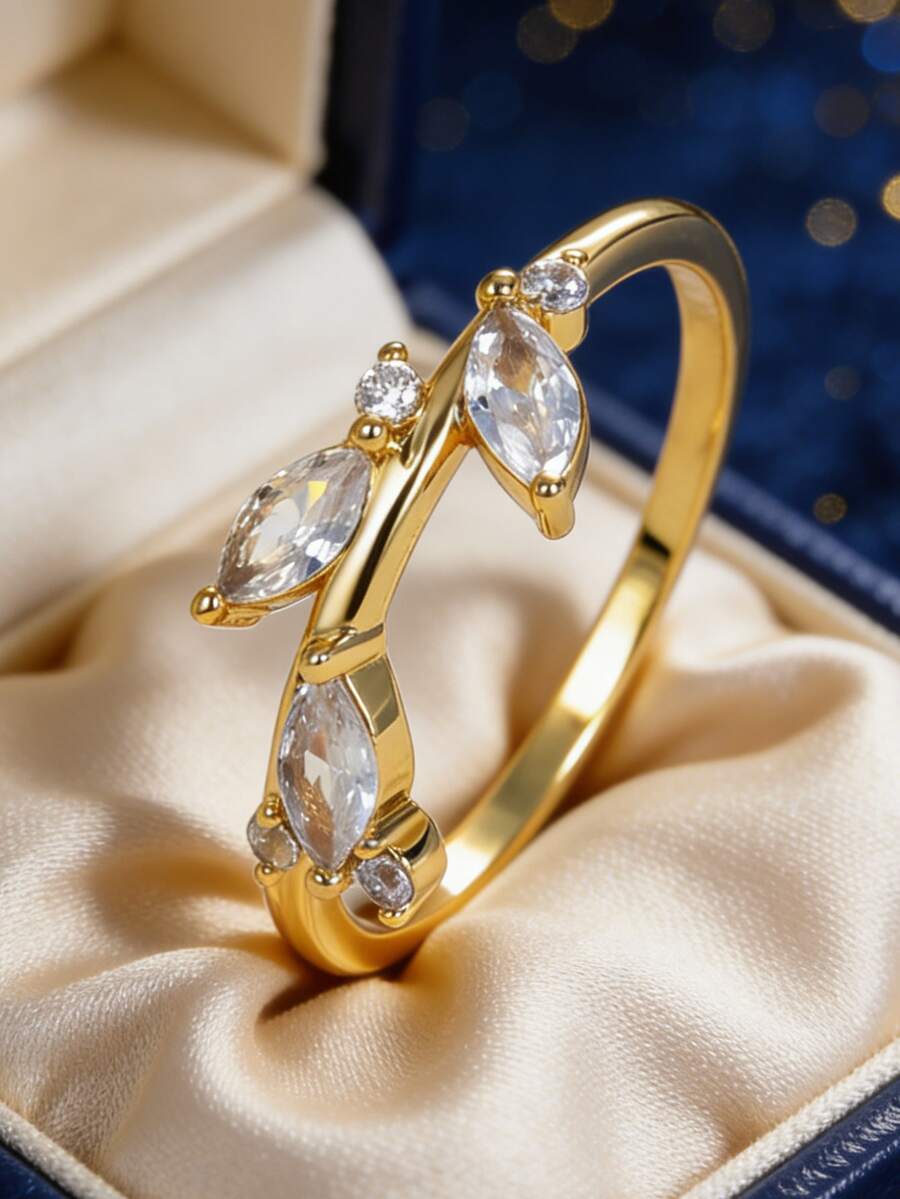 Women's Gold-Plated Horse Eye Zirconia Open Ring, Romantic & Elegant Style, Perfect Gift For Girlfriend On Date/Anniversary - Gold - View 1