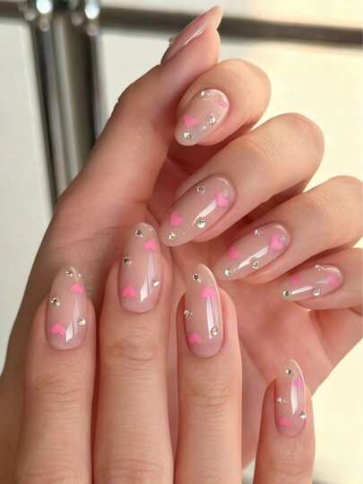 24pcs Valentine's Day Almond Shaped Reusable Press-On Nails, Pink Heart & White Crystal Decor, Includes 1 Nail File & 1 Jelly Gel, Suitable For Women & Girls Daily Wear, Valentine's Day Party