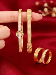 4件套 - 精致罗马图案手链+戒指套装，全锆石镶嵌，尽显奢华气质，简约高端而不浮夸，节日送给女朋友的惊喜礼物 - 金色 - 查看 6