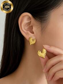 Textured Heart Stainless Steel Stud Earrings Niche Luxury Gold-Plated Earrings Valentine's Day Gifts For Men Valentine's Day Gifts Valentine's Day Gifts Stainless Steel Earrings Stainless Steel Jewelry Stainless Steel Costume Jewelry - Gold - View 1