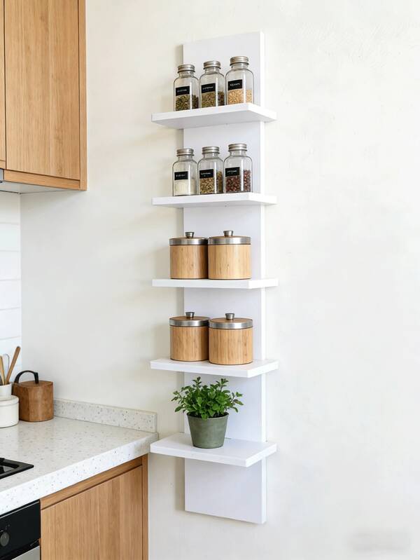 1pc White Space Saving Vertical Wall Shelf Minimalist Multi Tier Storage Display Organizer Modern Home Decor Clean Aesthetic Slim Rectangular Shape Straight Line Structure Open Layer Design Smooth Edge Detail Practical Storage Solution For Kitchen Organization Spice Storage Bathroom Counter Storage Living Room Wall Display Bedroom Decor Entryway Wall Apartment Office Small Space Home Organization