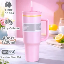 Termo Vaso Térmico Premium RR-39, de Acero Inoxidable 40 oz / 1200 ml con Asa Ergonómica, Popote Reutilizable y Tapa 3 en 1 – Doble Pared Aislante, Libre de BPA, Ideal para Bebidas Frías y Calientes, Disponible en 10 Colores Modernos para Uso Diario. - Rosa - Ver 3