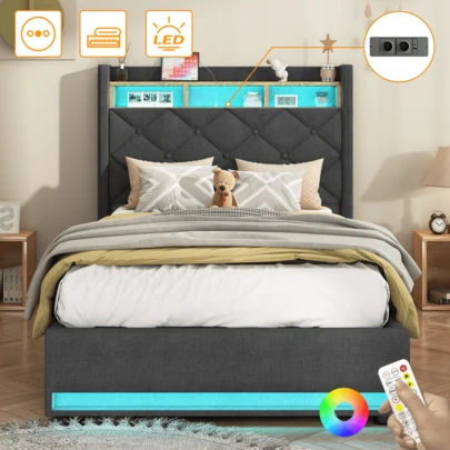 Hydraulisch Opbergbed 90x200 cm met Lattenbodem, Eenpersoonsbed met Verstelbare RGB LED-verlichting en USB, Bed met Opbergruimte onder het Bed, Open Planken in het Hoofdbord, Gestoffeerd Bed van Linnen, zonder Matras, voor Kinderen en Tieners, Levering in 2 Pakketten, Grijs