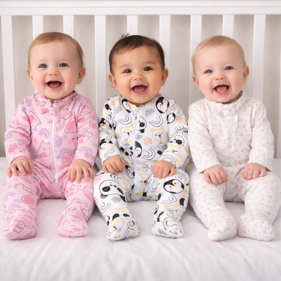 Baby Romper 3 Piece Kit Assorted Print - Zipper And Foot Turn Boy - Girl - Baby Pink - View 1