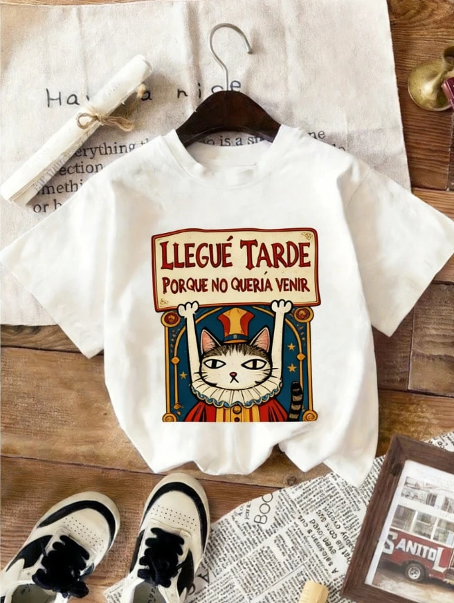 Wómēn's Cūtē Càt & Lēttēr Prìnt T-Shìrt - "Llēgūē tàrdē Pórqūē Nó Qūērìà Vēnìr" Dēsìgn, Càsūàl Shórt Slēēvē Róūnd Nēck Tóp fór Sprìng & Sūmmēr, Brēàthàblē Cóttón, Whìtē, Càt Tshìrt - Blanc 5 - Voir 1