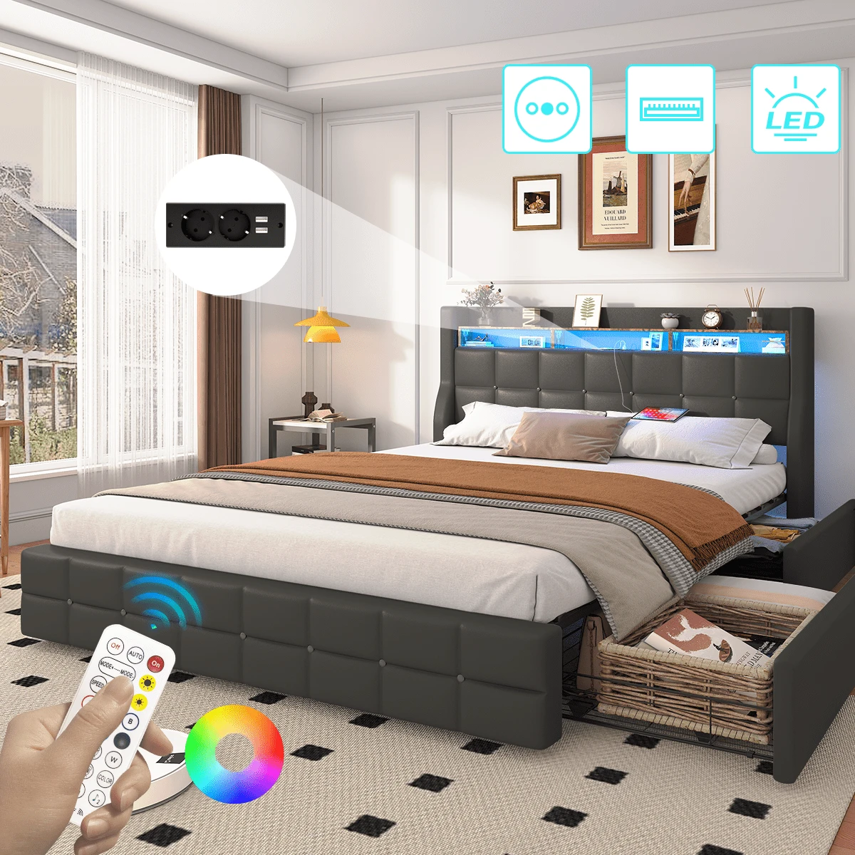 Upholstered Bed 140x190 Cm With 4 Drawers, With LED & USB, Storage Bed With Storage, 2 Person Bed, Metal Frame, Faux Leather, Grey - 查看 1