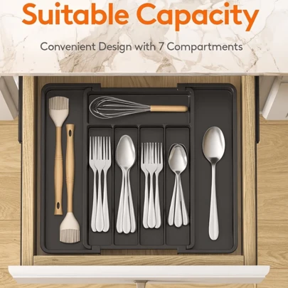 Ausziehbarer Besteckorganizer, Besteckaufbewahrungsregal mit großer Kapazität, geeignet für Schubladen, Arbeitsplatten und Schränke, Küchenorganisationszubehör