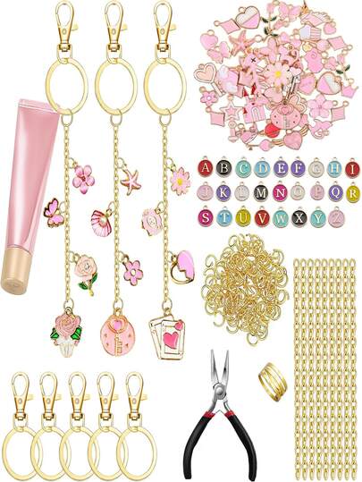 238 pièces Set de pendentif de brillant à lèvres DIY, comprend un pendentif rose, 26 pendentifs de lettres, porte-clés, anneaux de connexion, chaînes d'extension, crochets et kit d'outils, convient pour la fabrication de bijoux et l'artisanat