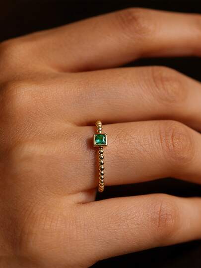 1pc S925 Sterling Silver Square Green Synthetic Zirconia Beaded Ring, Elegant Quality Jewelry Suitable For Stacking And Daily Wear For Women