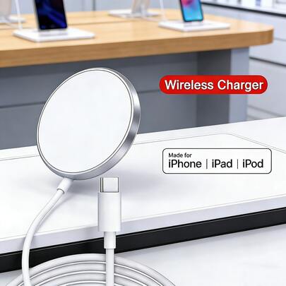 极简纯色无线充电器，1个装，通用磁吸式无线快充，精准定位，低温快充，智能温控，极简科技风格，兼容苹果15/14/13/12/11/X系列，适用于家庭、办公室、汽车、旅行，推荐3C数码配件，充电无忧，磁吸式无线充电器配备USB-C数据线，MagSafe认证，送给他，情人节礼物