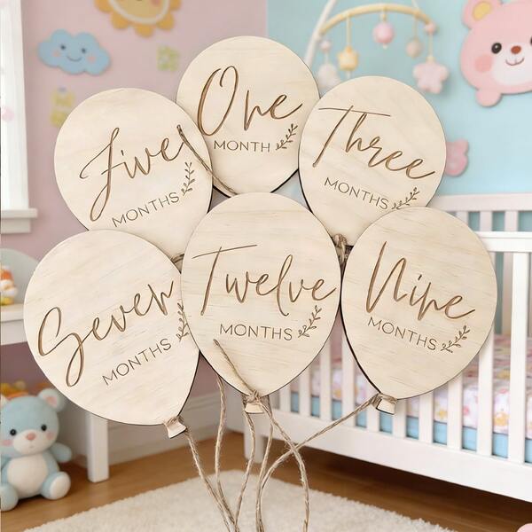 1 Set Baby 1-12 Months Balloon & Wooden Cloud Milestone Photography Props, Double-Sided Milestone Cards, Hanging Decor, Newborn Baby Gift