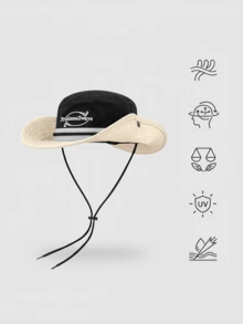 1pc Unisex Black Casual Dual-Tone Wide Brim Bucket Hat With Adjustable Chin Strap, Suitable For Beach And Hiking - Black - View 8