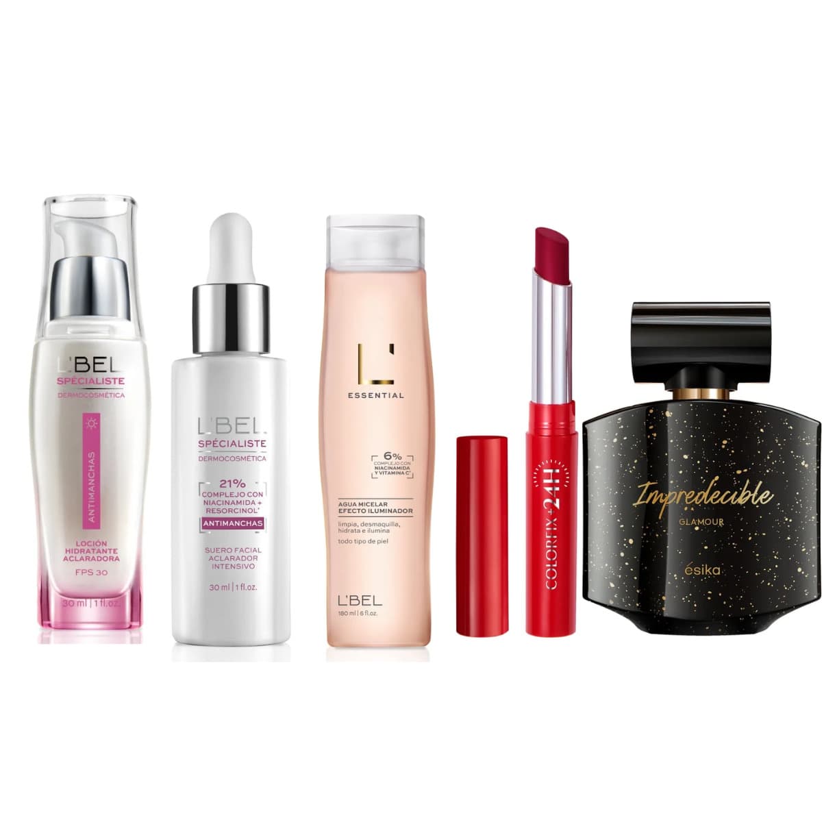 Set Regalo Premium L'Bel y Ésika Cuidado Facial y Belleza para Mujer | Suero Facial Aclarante Antimanchas con 21% Niacinamida + Resorcinol | Loción Hidratante Aclarante SPF30 | Agua Micelar Iluminadora Essential | Labial Colorfix 24H Alta Pigmentación | Perfume Impredecible Glamour | Kit Completo de Skincare, Maquillaje y Fragancia | Regalo Ideal para el 14 de Febrero y Día de las Madres | Autocuidado, Piel Luminosa y Belleza Femenina   Set Regalo para Mujer L'Bel y Ésika | Cuidado Facial + Maquillaje + Perfume en un Solo Kit | Suero Facial Antimanchas Niacinamida, Loción Hidratante SPF30, Agua Micelar, Labial Colorfix 24H y Perfume Impredecible Glamour | Regalo Perfecto para el 14 de Febrero y Día de las Madres | Belleza y Autocuidado Diario - KIT -IMPRESENDIBLE - Ver 1