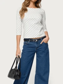Women's Slim-Fit White Dot Print Top, Three-Quarter Sleeve Round Neck Stretch Blouse, Comfortable  Easy-Care Fabric For Daily Office Commute, Dating, And Casual Wear - 白色 - 查看 4