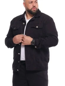Men's Plus Size Black Twill Jacket With Button Closure, Casual Style. - Black - View 4