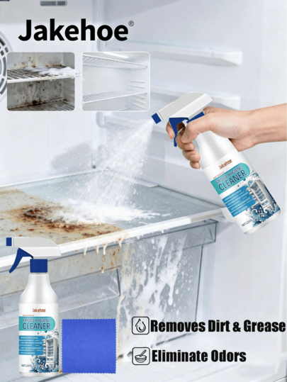 jakehoe Limpiador de refrigeradores: limpia el interior del refrigerador para superficies impecables y aptas para el contacto con alimentos | Biodegradable, vegano y sin crueldad animal | Elimina fácilmente la suciedad pegajosa y los restos de comida seca | Botella con pulverizador y paño de limpieza