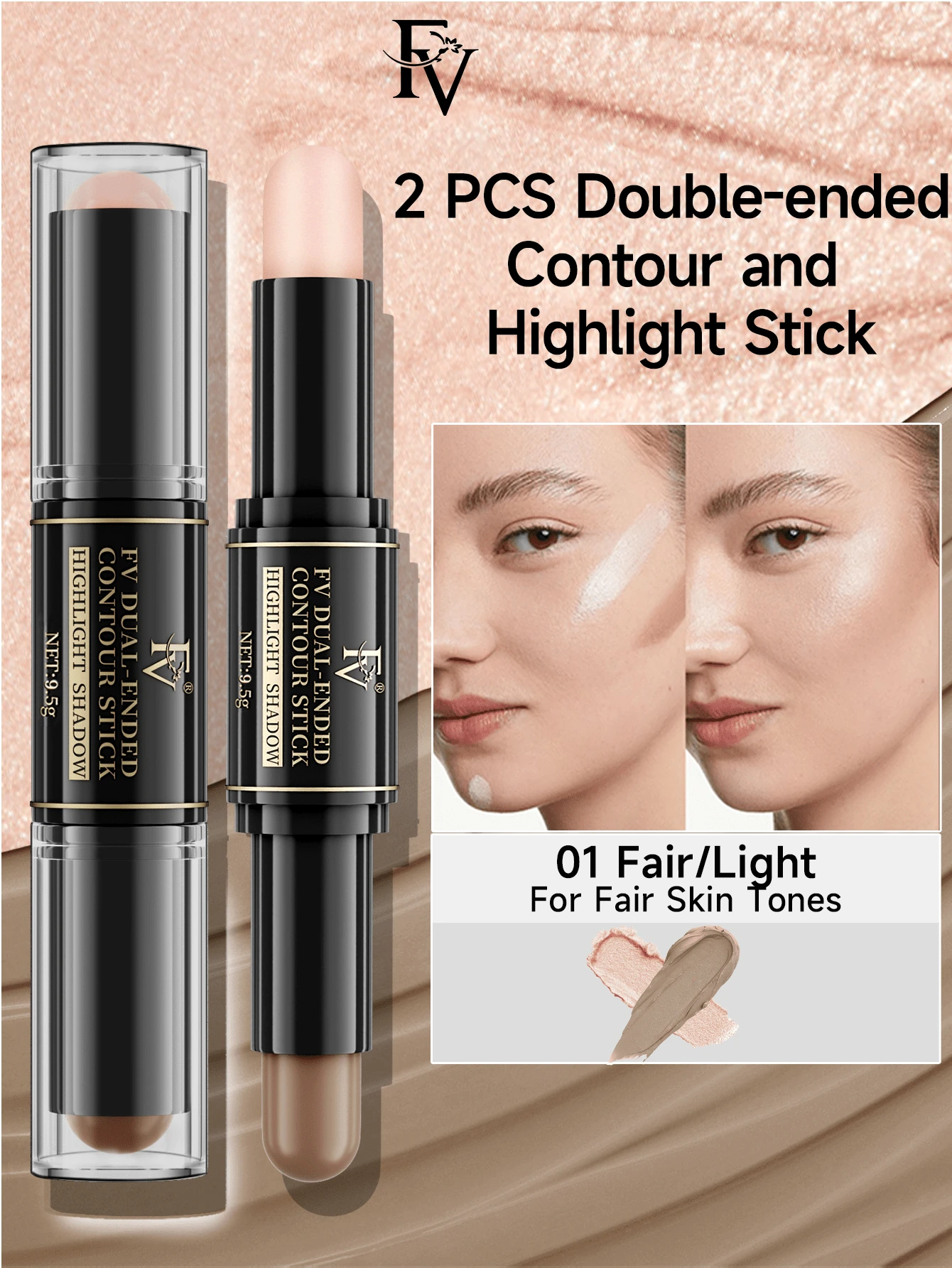 FV Waterproof Highlighter Stick - WarmTone Dual-Ended Highlighter & Contour Stick Brightens Nose Shadows Multi-Functional Contouring Stick Brand Beauty Makeup,Top Choicer Y2K Dreamy Fashion Ideal Pick Birthday & Party Gift Best Color Payoff - #01FairLight - 查看 1