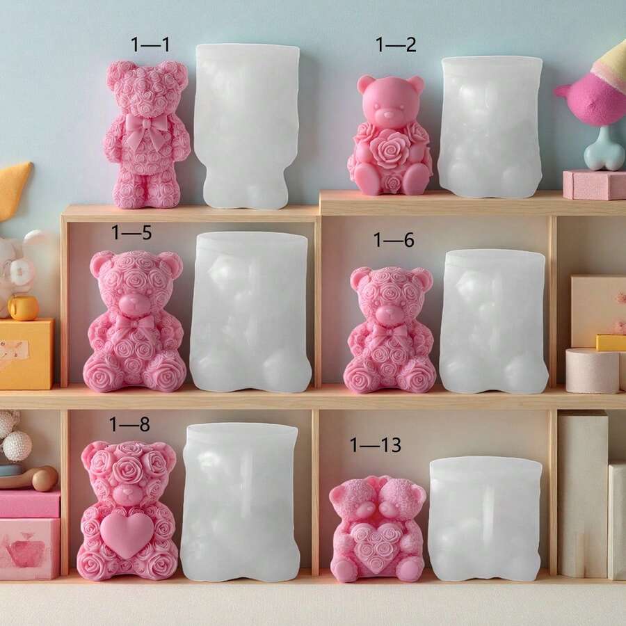 Rose Bear Candle Silicone Mold DIY, Heart-Shaped Bear Wax Melts, Aroma Stone, Soap Or Home Decor Silicone Mold, Suitable For DIY Valentine's Day Bear Bouquet Handicrafts And Home Decor - Candle Making - A-White - View 1