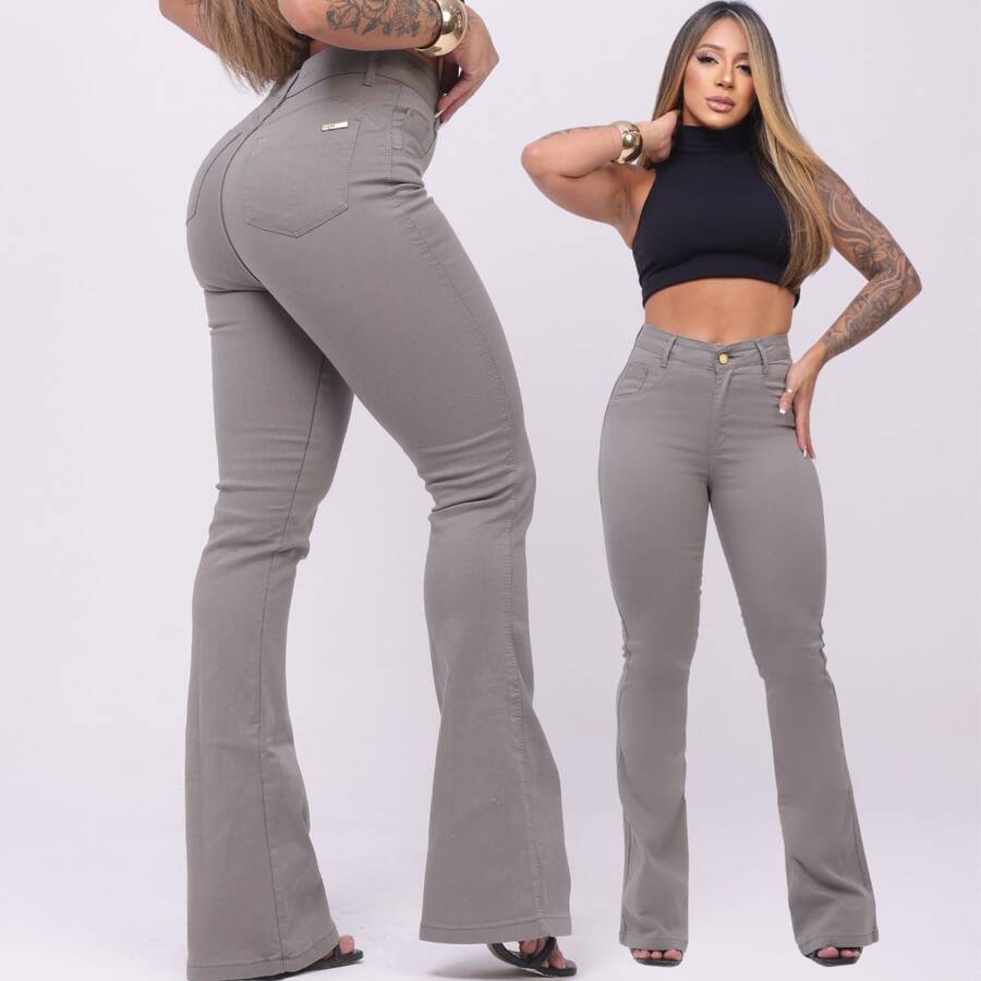 Calça Jeans Feminina Flare Pantalona Cinza Jeans Premium Cos Alto Empina Bumbum  Boca de Sino Com Elastano - CINZA - Visão 1