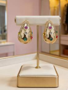 金色水滴形水晶耳钉，时尚饰品，女士礼物 - 金白色 - 查看 11