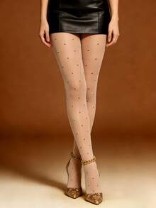 加大码黑色薄纱白色波点连裤袜 - 甜美中带一丝叛逆，复古风情，适合约会和夜间外出 - 杏色 - 查看 3