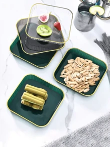 Plastic Diamond Textured Tray With Gold Rim, Luxury Fruit Bowl/Snack Plate, Square Serving Platter, Reusable And Washable Kitchen Accessory - Multicolor - View 4