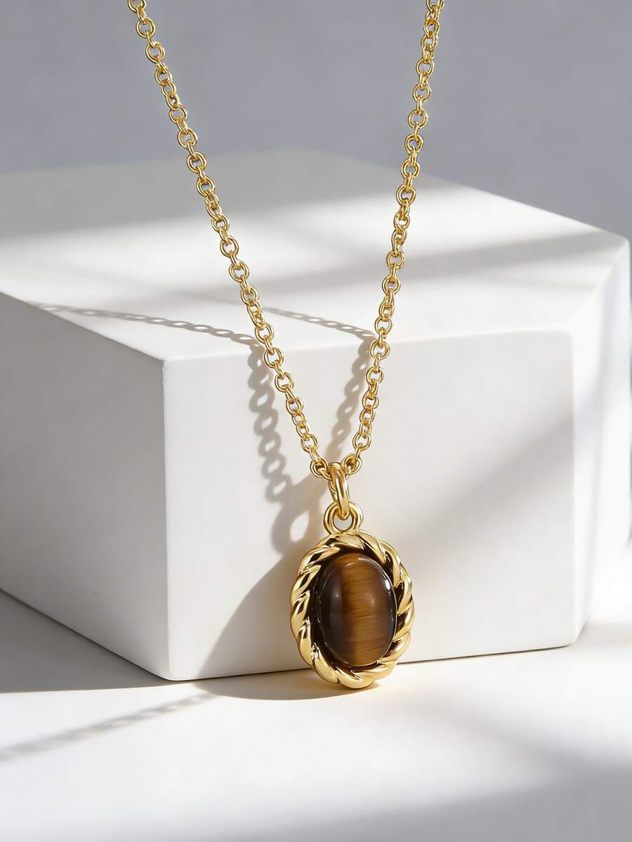 Charm-In 女士镀金虎眼石吊坠项链，复古扭曲框架设计，适合日常通勤和复古风格穿搭，复古主题礼物，送给女朋友或闺蜜 - 金色 - 查看 1