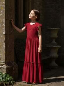 Tween Girl Solid Color Patchwork Lace Trimmed Decorative Border One Piece Dress - 酒紅色 - 查看 2