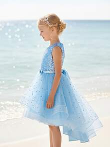 Tween 女童无袖亮片薄纱大摆尾公主裙，青少年伴娘正式派对礼服 - 藍色 - 查看 7