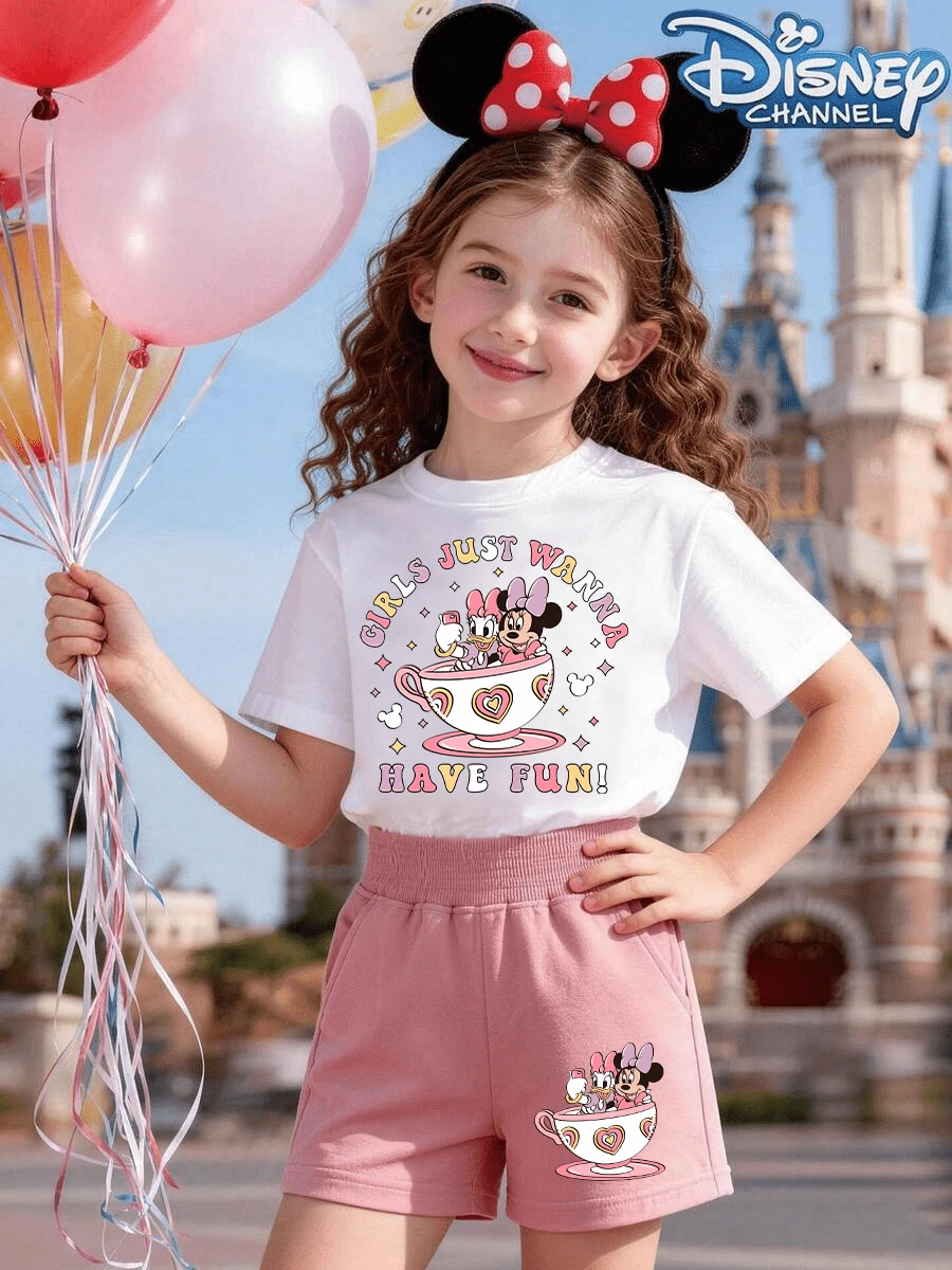 Disney Set, Donald Duck And Minnie Print T-Shirt And Shorts Combination, Short Sleeved Round Neck T-Shirt, Soft Fabric, Perfect Gift For Girls, Ideal Choice For Outdoor Activities, Disneyland Cartoon Style - 白+粉 - 查看 1